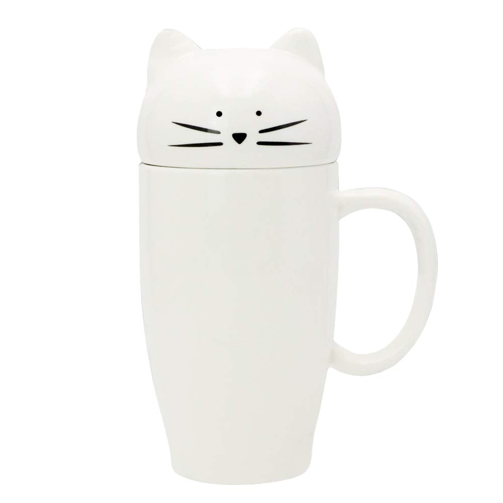 Koolkatkoo Cute Cat Ceramic Coffee Mug with Lid for Cat Lover Unique Cup Porcelain Tea Mugs Gift for Girls Women 15 oz White