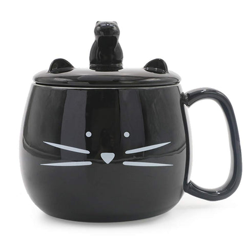Koolkatkoo 16OZ Cute Cat Coffee Mug with Cell Phone Holder Lid for Cat Lover Unique Ceramic Black Mugs Tea Cup Gift for Women