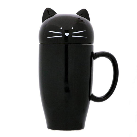 Koolkatkoo Cute Cat Coffee Mug with Lid Gift for Cat Lover Unique Ceramic Cup Porcelain Tea Tall Mugs for Girls Women 15 oz Black