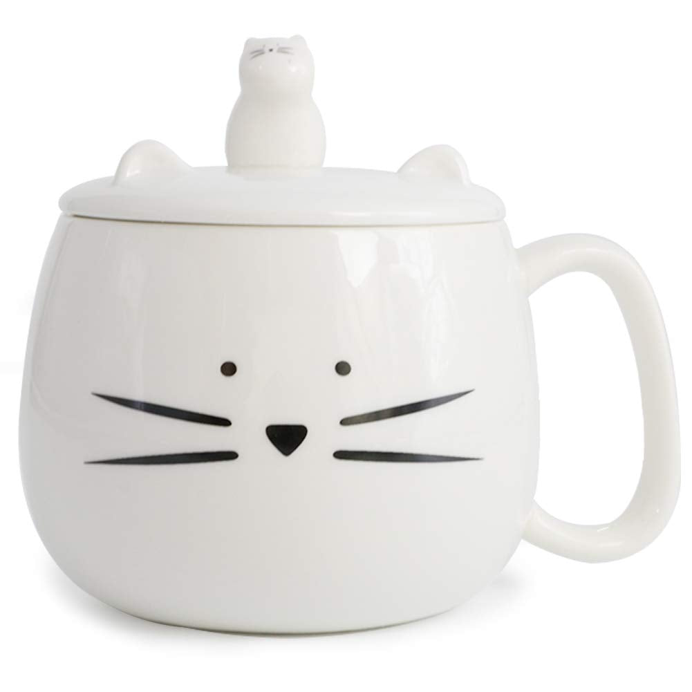 Koolkatkoo Unique Cat Coffee Mug with Lid for Cat Lover Cute Ceramic Tea Mugs with Holder for Cell Phone Porcelain Cup Gift for Women White