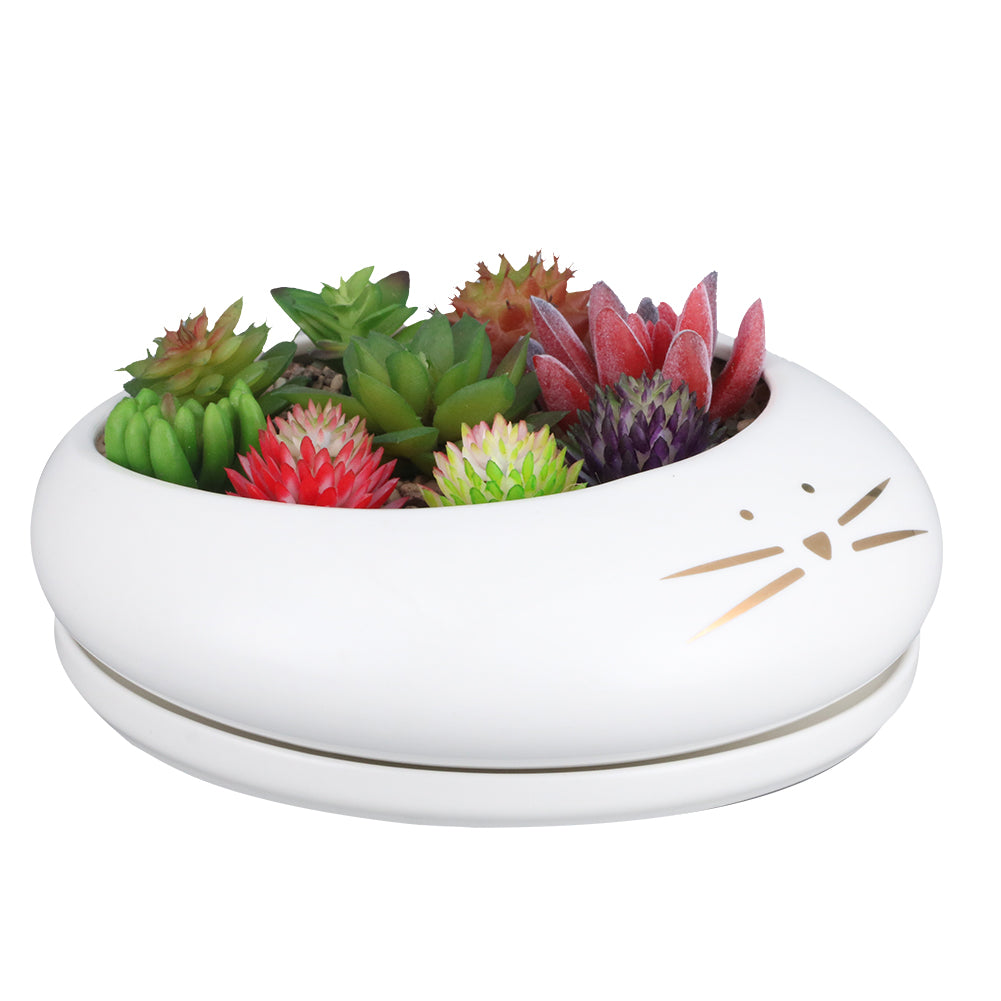 Koolkatkoo 8 Inch Cute Cat Succulent Planter White Large Ceramic Planter with Removable Tray Flower Pot for Cat Lovers