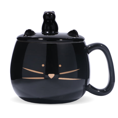 Koolkatkoo Cute Cat Coffee Mug with Cell Phone Holder Lid for Cat Lover Unique Ceramic Tea Mugs with Gold Cat Porcelain Cup Gift for Women Black