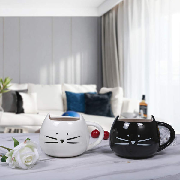 Koolkatkoo Cute Cat Coffee Mug Set for Girls Women Ceramic Kitty Tea Couple Mugs for Cat Lovers 12 oz Meow Cup Black and White