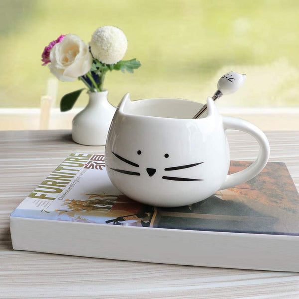 Koolkatkoo Ceramic Cat Coffee Mug with Spoon Set for Girls Cat Lovers Cute Tea mugs Gifts for Women 12 oz White