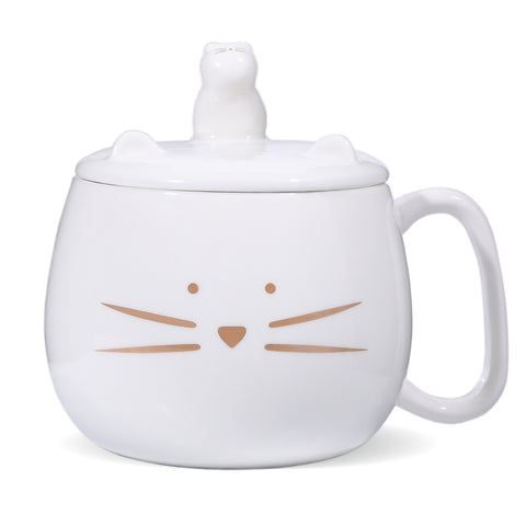 Koolkatkoo Unique Cat Coffee Mug with Lid for Cat Lover Cute Ceramic Tea Mugs with Holder for Cell Phone Porcelain Cup Have The Gold Kitten Gift for Women White