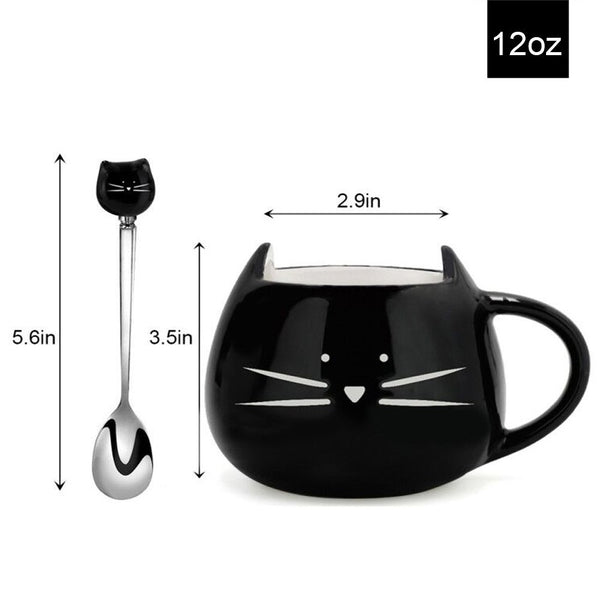Koolkatkoo Cute Cat Mug Ceramic Coffee Mugs Set Gifts for Women Girls Cat Lovers Funny Small Cup with Spoon 12 oz Black and White