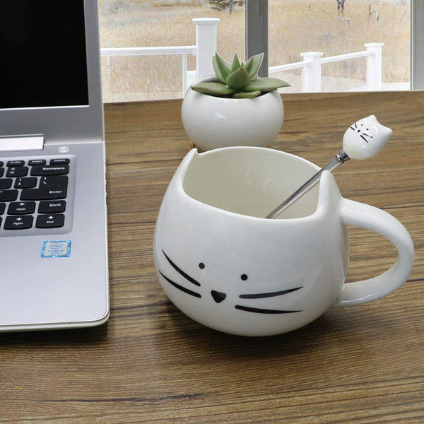 Koolkatkoo Ceramic Cat Coffee Mug with Spoon Set for Girls Cat Lovers Cute Tea mugs Gifts for Women 12 oz White