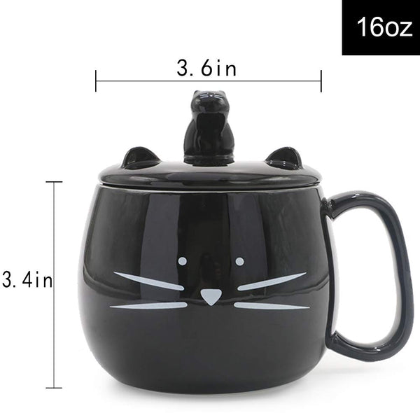 Koolkatkoo 16OZ Cute Cat Coffee Mug with Cell Phone Holder Lid for Cat Lover Unique Ceramic Black Mugs Tea Cup Gift for Women