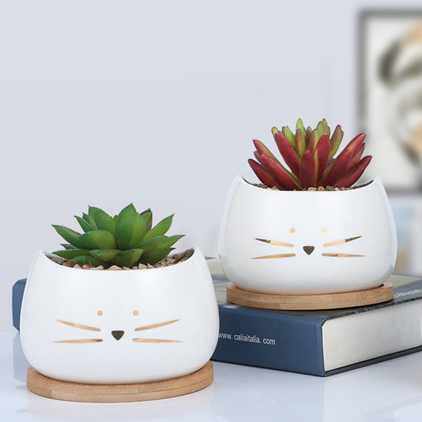 Koolkatkoo 3.2 Inch Cute Cat Ceramic Succulent Planter Pots with Removable Saucer Unique Cactus Planters Porcelain Decorative Flower Pot for Cat Lovers Set of 3 White