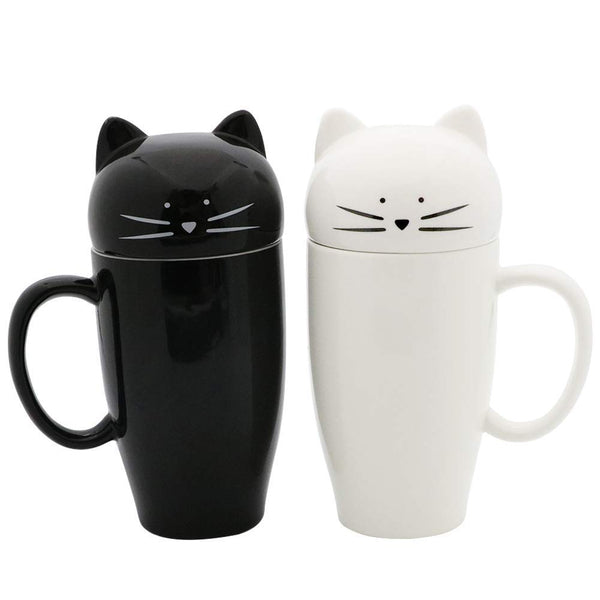 Koolkatkoo Cute Cat Coffee Mug with Lid Gift for Cat Lover Unique Ceramic Cup Porcelain Tea Tall Mugs for Girls Women 15 oz Black