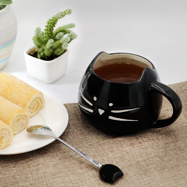 Koolkatkoo Cat Coffee Mug, Ceramic Cup with Spoon Gifts for Women Girls Cat Lovers Cute Tea Mugs 12 oz Black