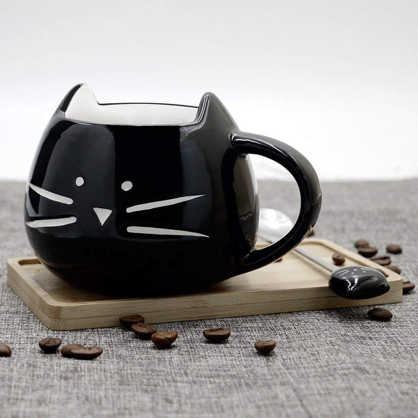 Koolkatkoo Cat Coffee Mug, Ceramic Cup with Spoon Gifts for Women Girls Cat Lovers Cute Tea Mugs 12 oz Black